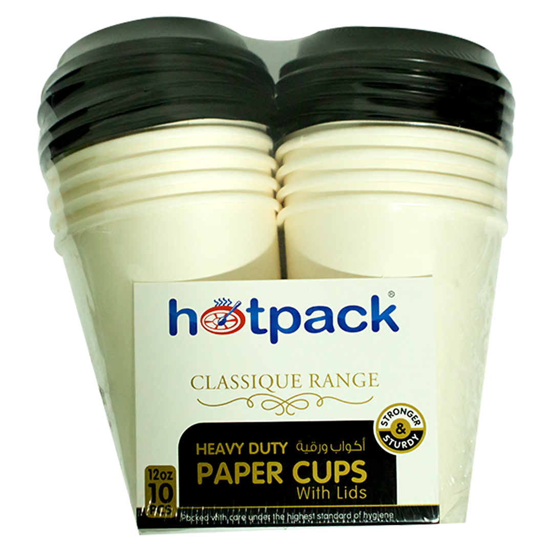 Hotpack paper cups with white lid 12oz 10 pieces